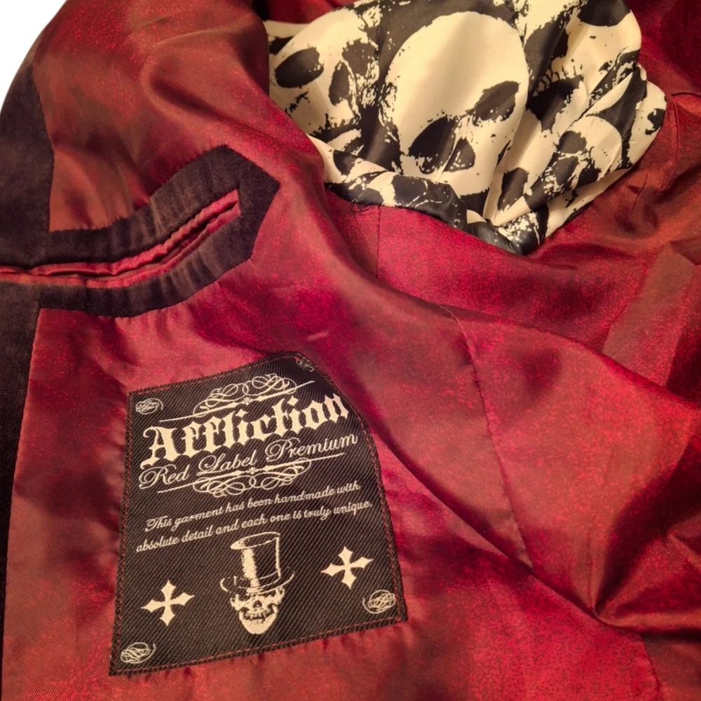 Affliction Red Label Black Velvet Graphic  Cross Blazer Men Size XL 48-50 - Picture 11 of 12